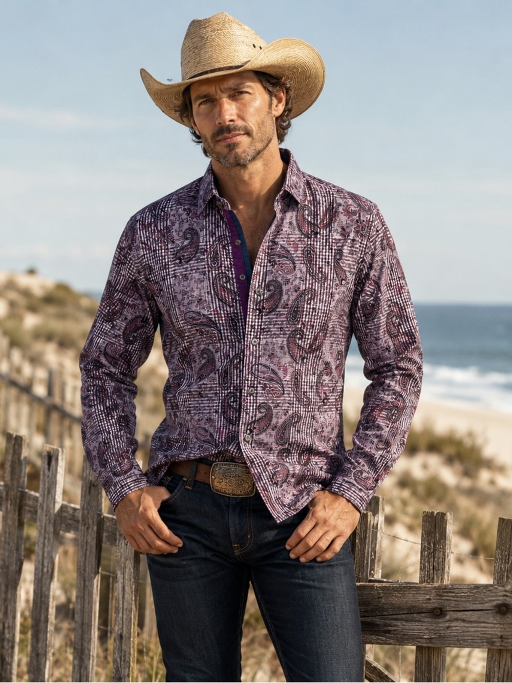 Barabas Paisley Gingham Shirt M Purple Button-up Preppy Coastal Cowboy 41" Chest